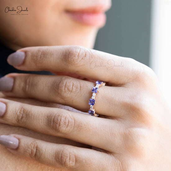 Square Cut Stackable Band In 14k Rose Gold Tanzanite Diamond Eternity Rings For Women