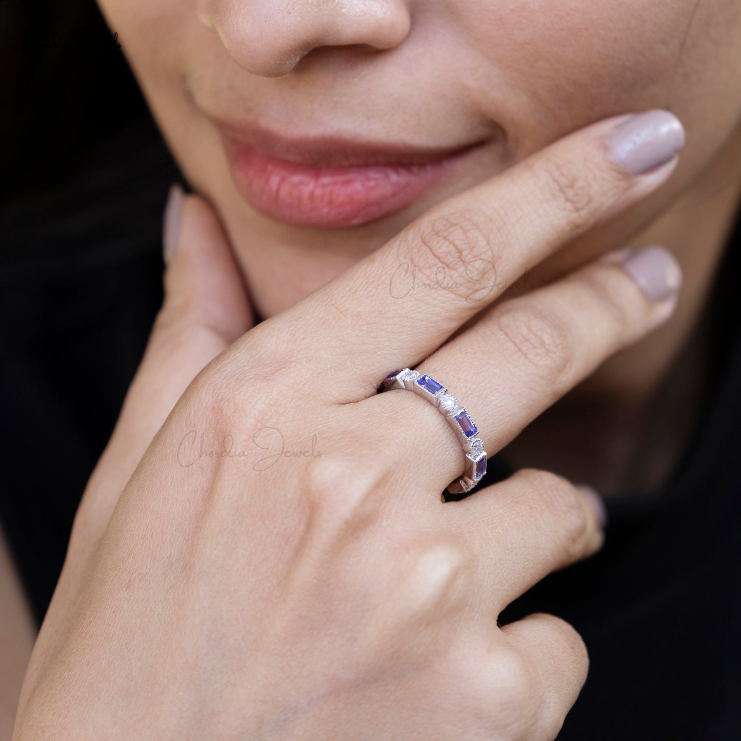 Genuine Tanzanite & Diamond Studded Half-Eternity Ring 14k White Gold Handcrafted Engagement Ring