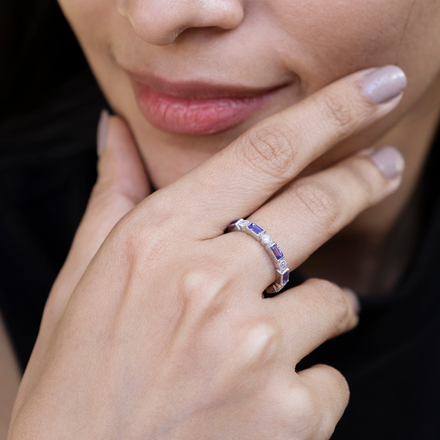 Genuine Tanzanite & Diamond Studded Half-Eternity Ring 14k White Gold Handcrafted Engagement Ring