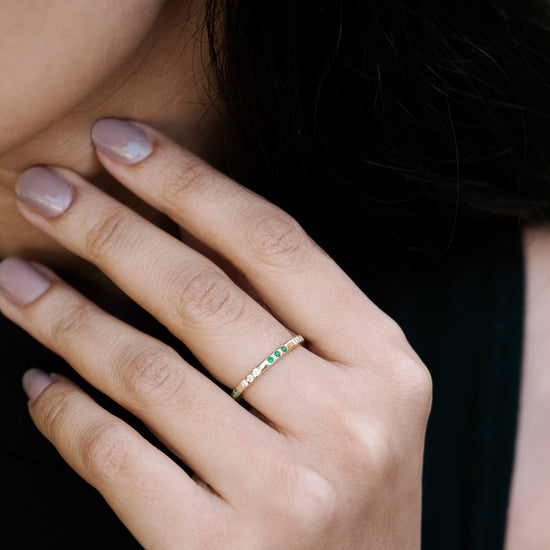 Flush Set Diamond Ring In 14k Yellow Gold Emerald 1.50mm Gemstone Minimal Rings For Her