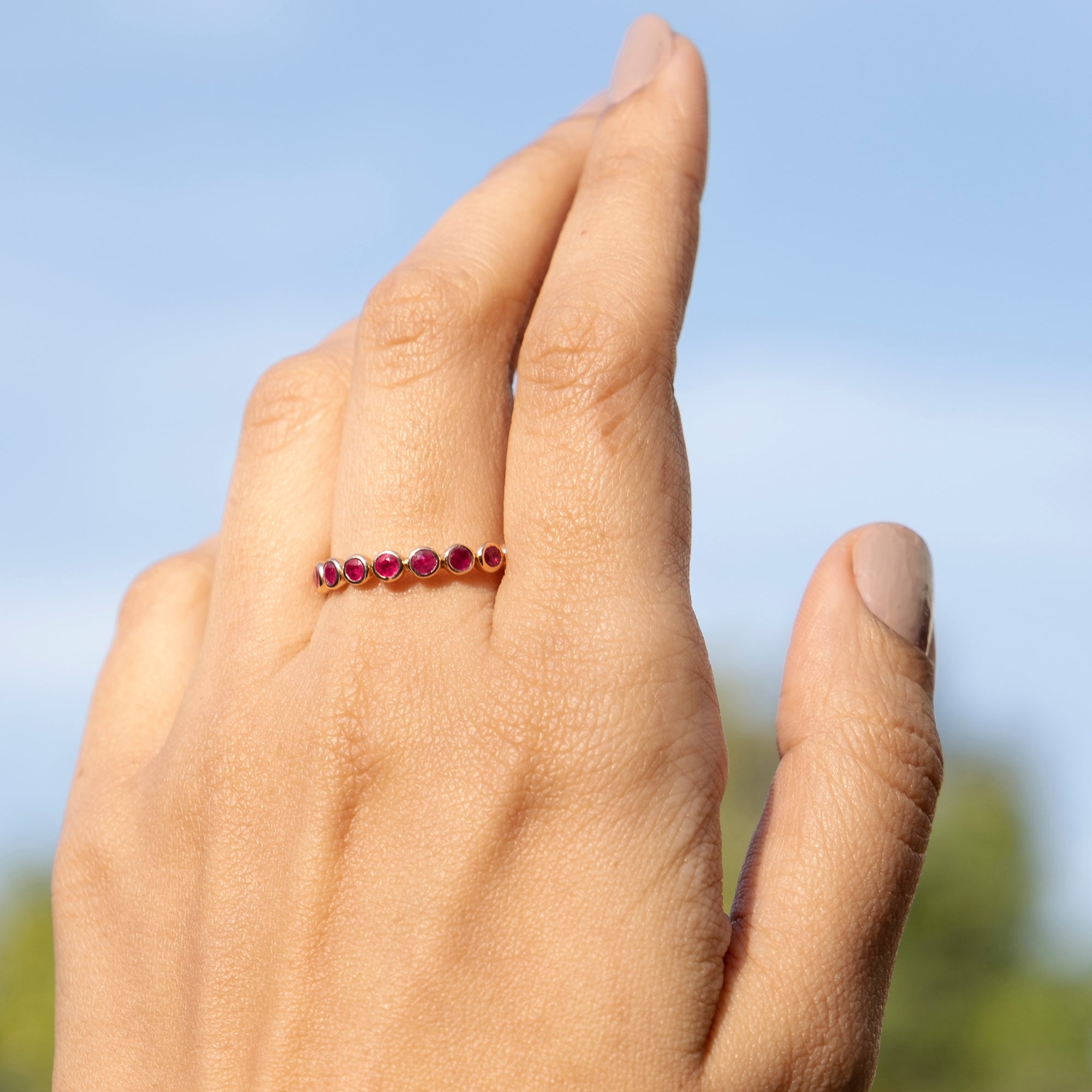 Dainty Round Cut Eternity Ring In 14k Rose Gold Burma Ruby Bezel Set Engagement Band