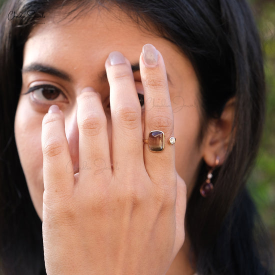 Natural Bio Tourmaline Open Cuff Ring 14k Yellow Gold Diamond Accented Promise Ring For Her