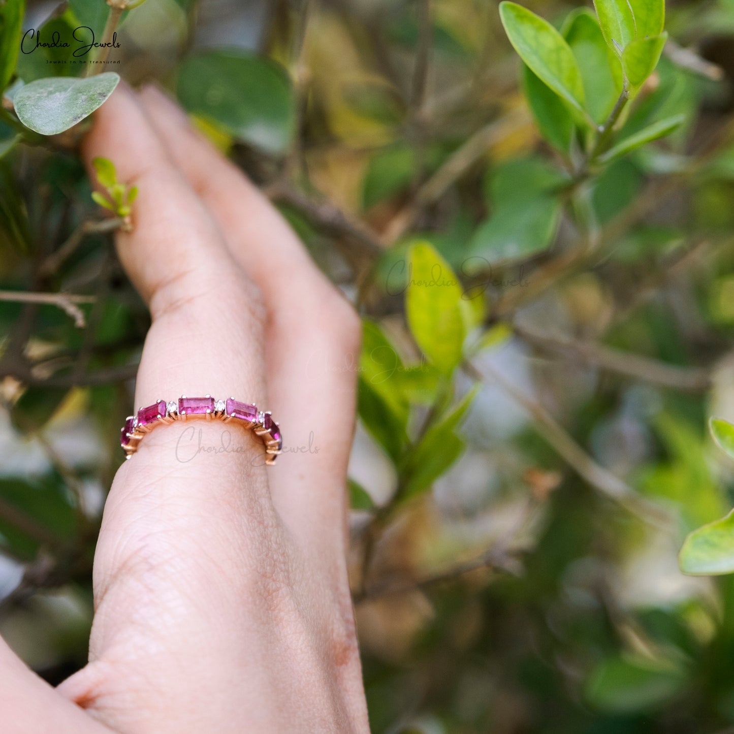 Natural Pink Tourmaline & White Diamond Eternity Ring 14k Rose Gold Fine Gemstone Jewelry