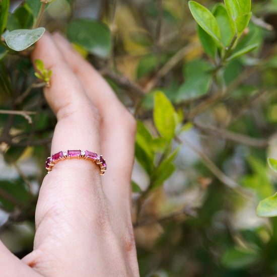 Natural Pink Tourmaline & White Diamond Eternity Ring 14k Rose Gold Fine Gemstone Jewelry