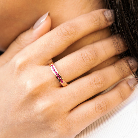 Solid 14k Gold Stacking Band With 0.32Ct Pink Sapphire Halfway Rings For Her