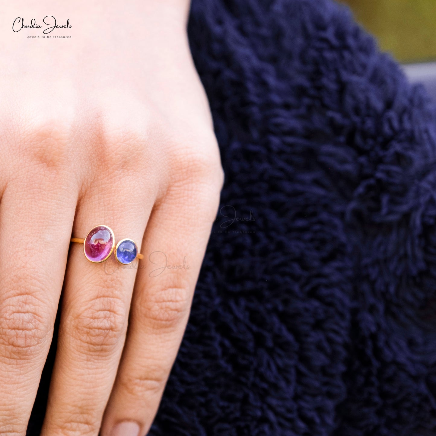 Trendy Tanzanite & Pink Tourmaline Minimalist Ring 14k Solid Yellow Gold Double Stone Ring