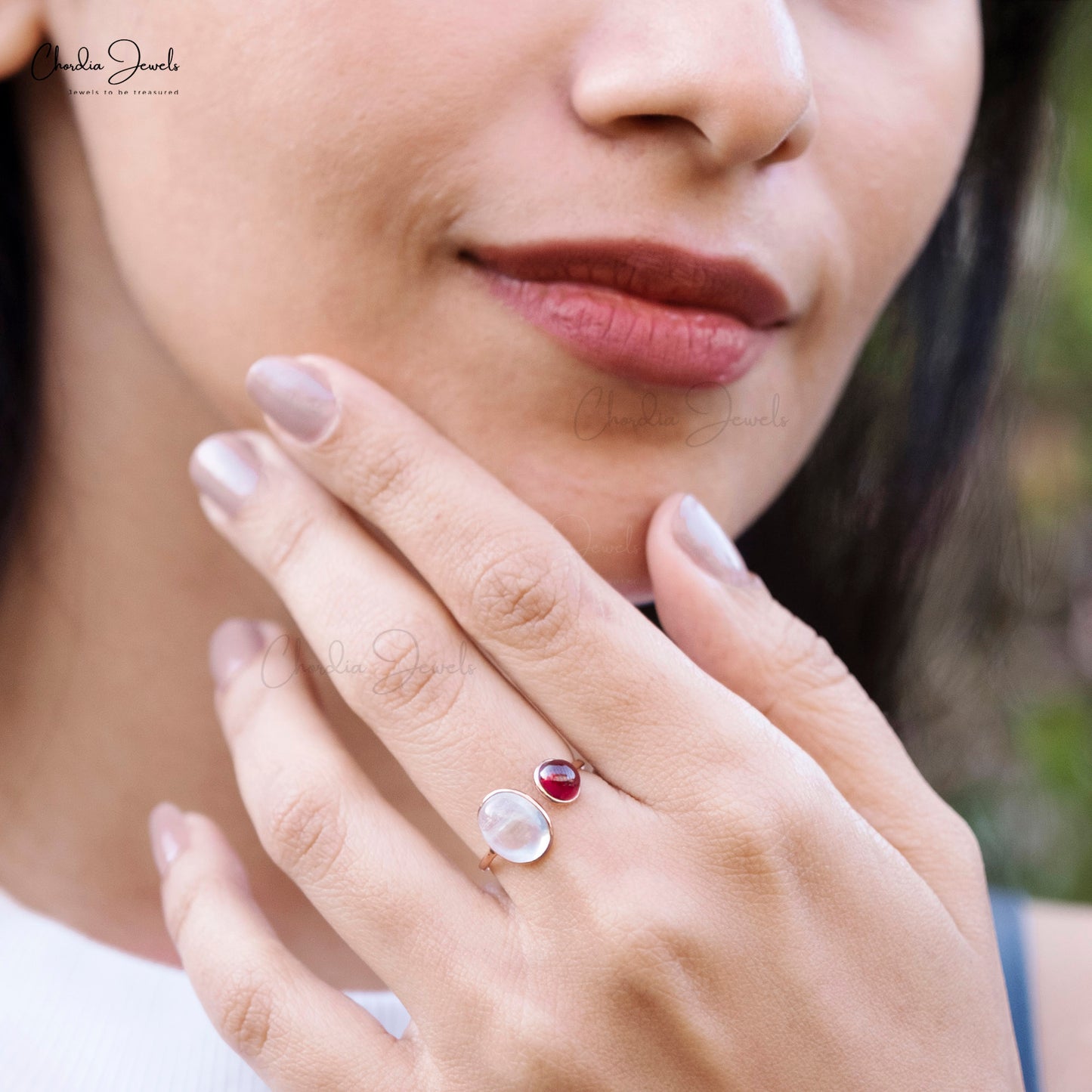 Dainty Rainbow Moonstone & Rhodolite Garnet Ring 14k Real Rose Gold Multi Gemstone Wedding Ring
