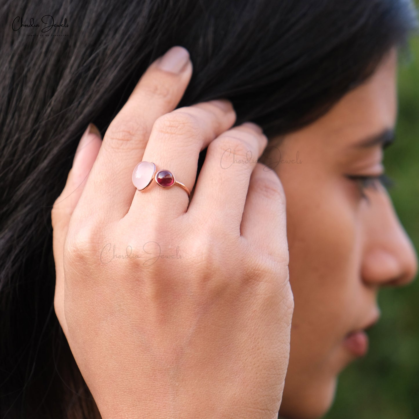 Natural Rose Quartz & Rhodolite Garnet Ring 14k Rose Gold Double-Stone Ring For Birthday Gift