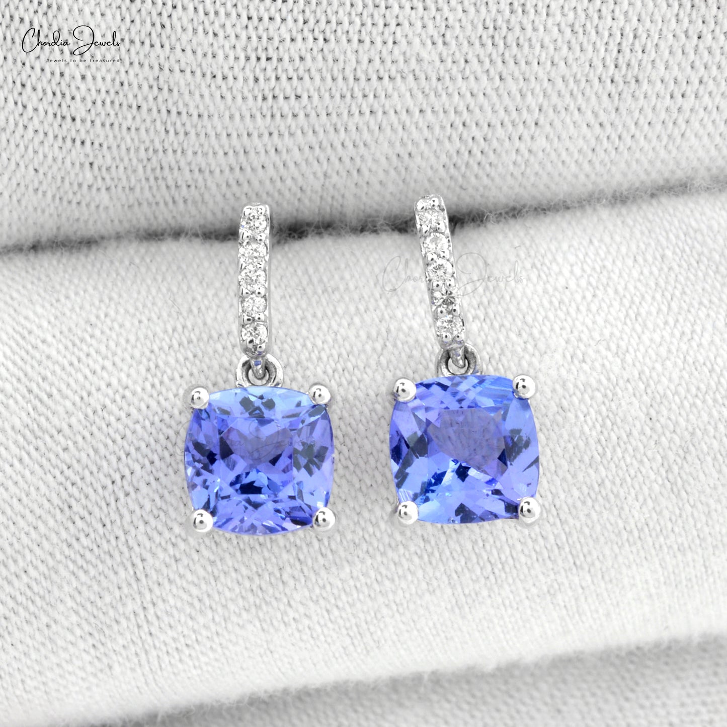 Natural Tanzanite Gemstones Earrings with Accented Diamonds in 14k White Gold