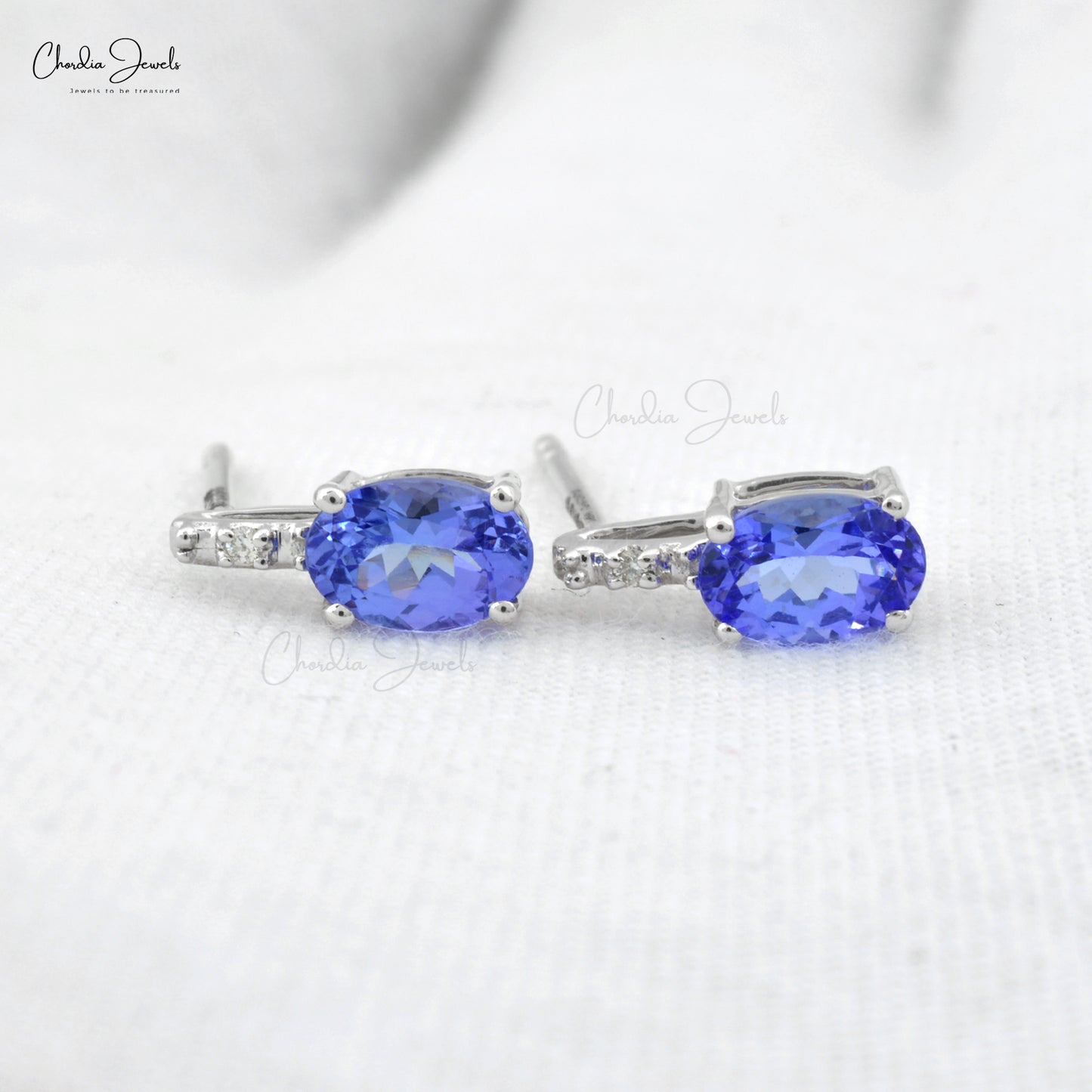 Dainty Tanzanite and Diamond Accented Earrings in 14k White Gold Handmade Jewelry For Women