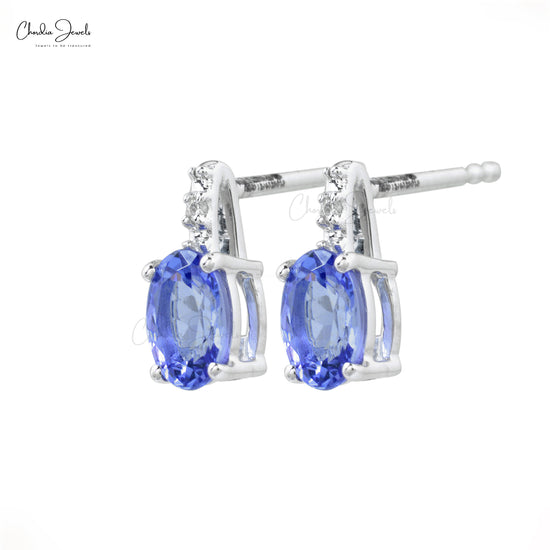 Dainty Tanzanite and Diamond Accented Earrings in 14k White Gold Handmade Jewelry For Women