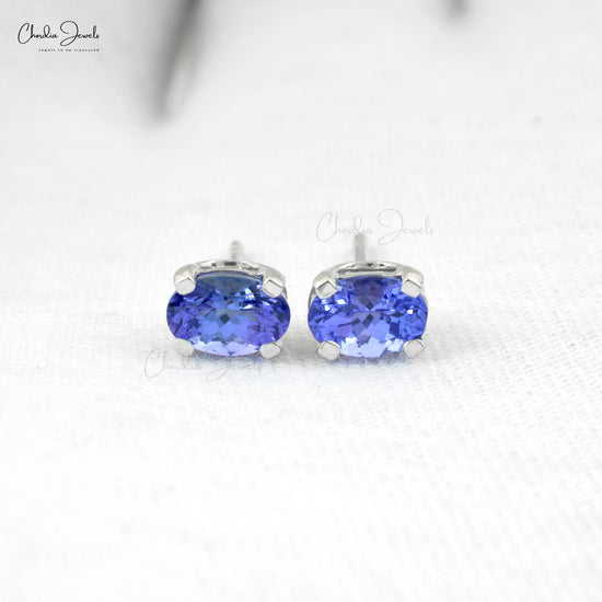 Sparkling Oval Tanzanite 1.08Ct Solitaire Studs Genuine 14k White Gold Push Back Earrings For December Birthstone