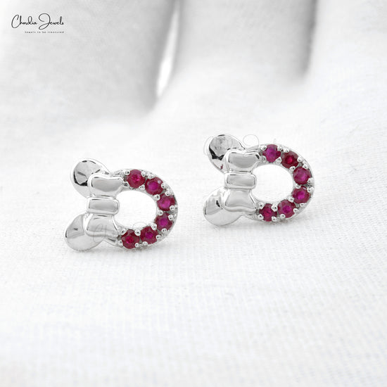Brilliant Round Cut 2mm Genuine Ruby Earrings 14k Solid White Gold Pave Set Earrings For Birthday Gift