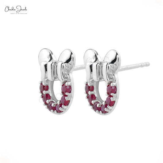 Brilliant Round Cut 2mm Genuine Ruby Earrings 14k Solid White Gold Pave Set Earrings For Birthday Gift