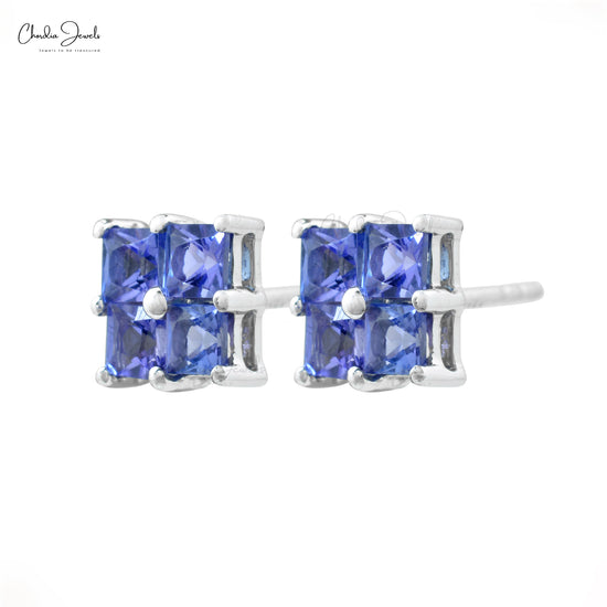 Square-Cut Tanzanite Cluster Earrings Genuine 1.5ct Gemstone in 14k White Gold Mini Studs