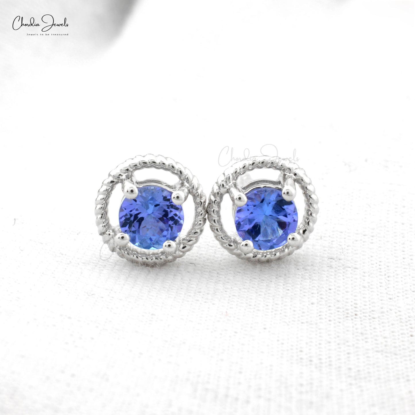 14k White Gold Tanzanite Spiral Studs 0.98ct Round Brilliant-Cut Mini Earrings For Her