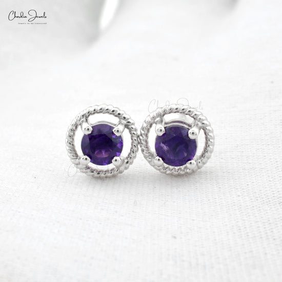 natural amethyst stud earrings in 14k white gold with 5mm round cut