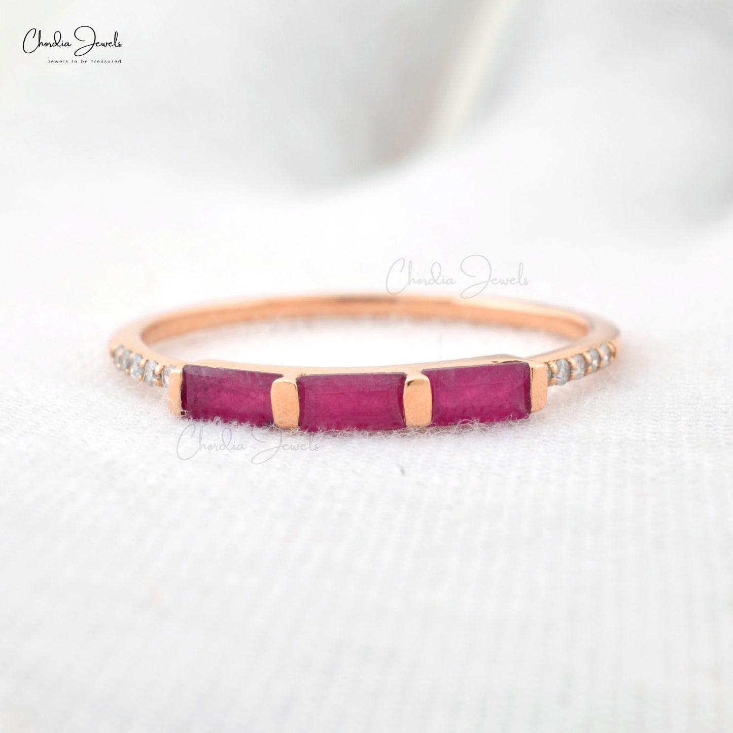 Dainty Diamond Ring With 4x2mm Baguette Ruby Trio Stone Wedding Ring In 14k Rose Gold