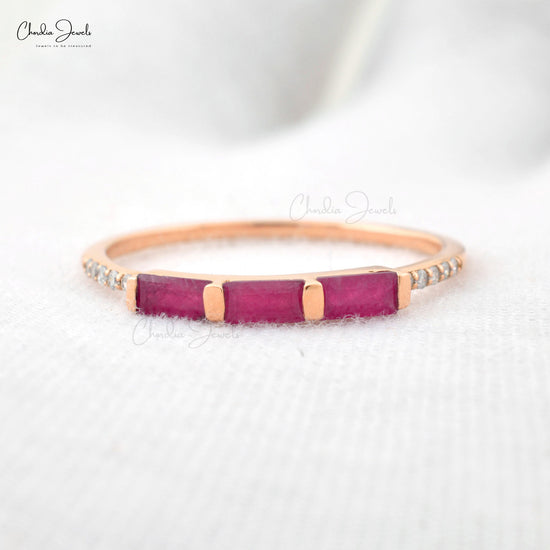 Dainty Diamond Ring With 4x2mm Baguette Ruby Trio Stone Wedding Ring In 14k Rose Gold