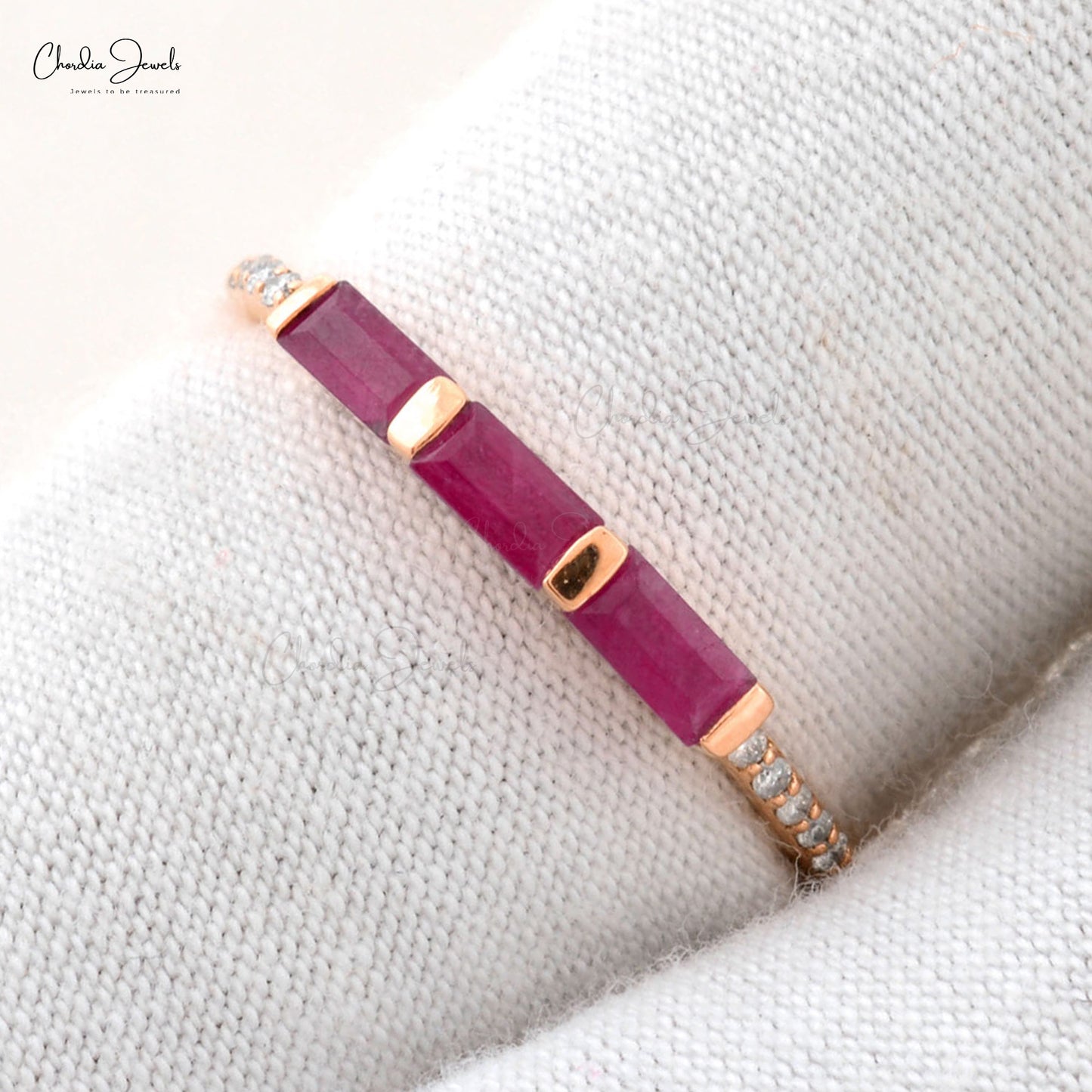 Dainty Diamond Ring With 4x2mm Baguette Ruby Trio Stone Wedding Ring In 14k Rose Gold