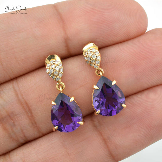 Pear-Cut Natural Amethyst Drop Earring in 14k Gold Diamond 