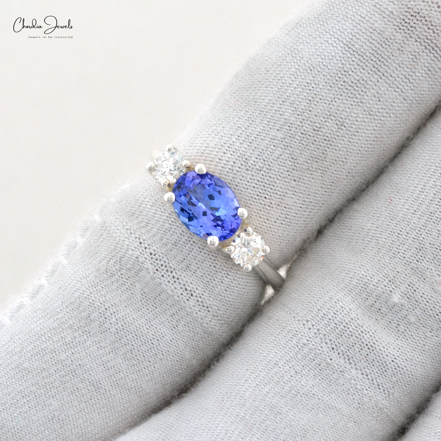 Three Stone Ring In 14k White Gold Natural Diamond Accented Dainty Tanzanite Ring For Her