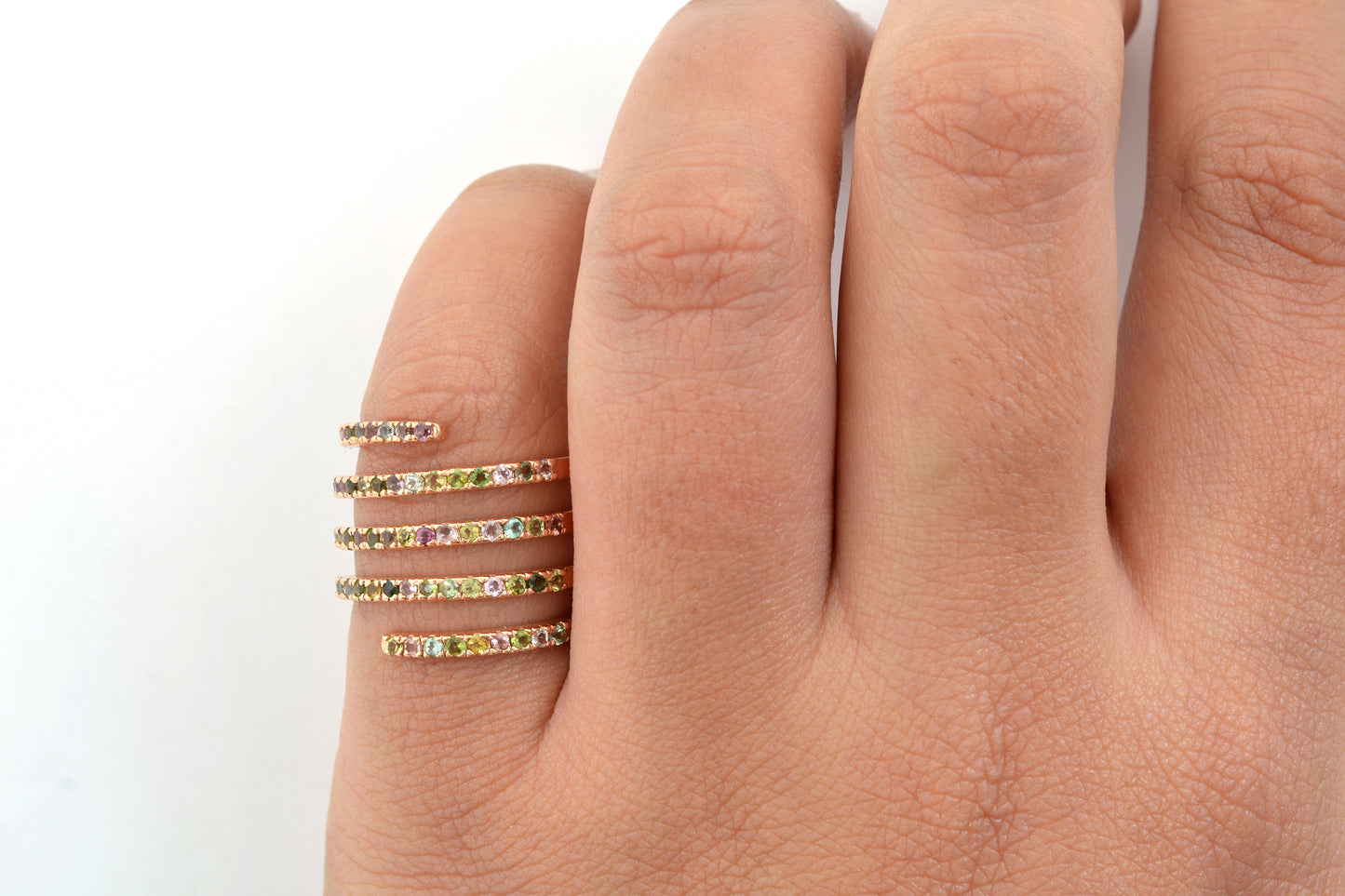 Stunning Spiral Ring With Genuine Multi-Tourmaline Hallmarked 14k Rose Gold Wedding Ring