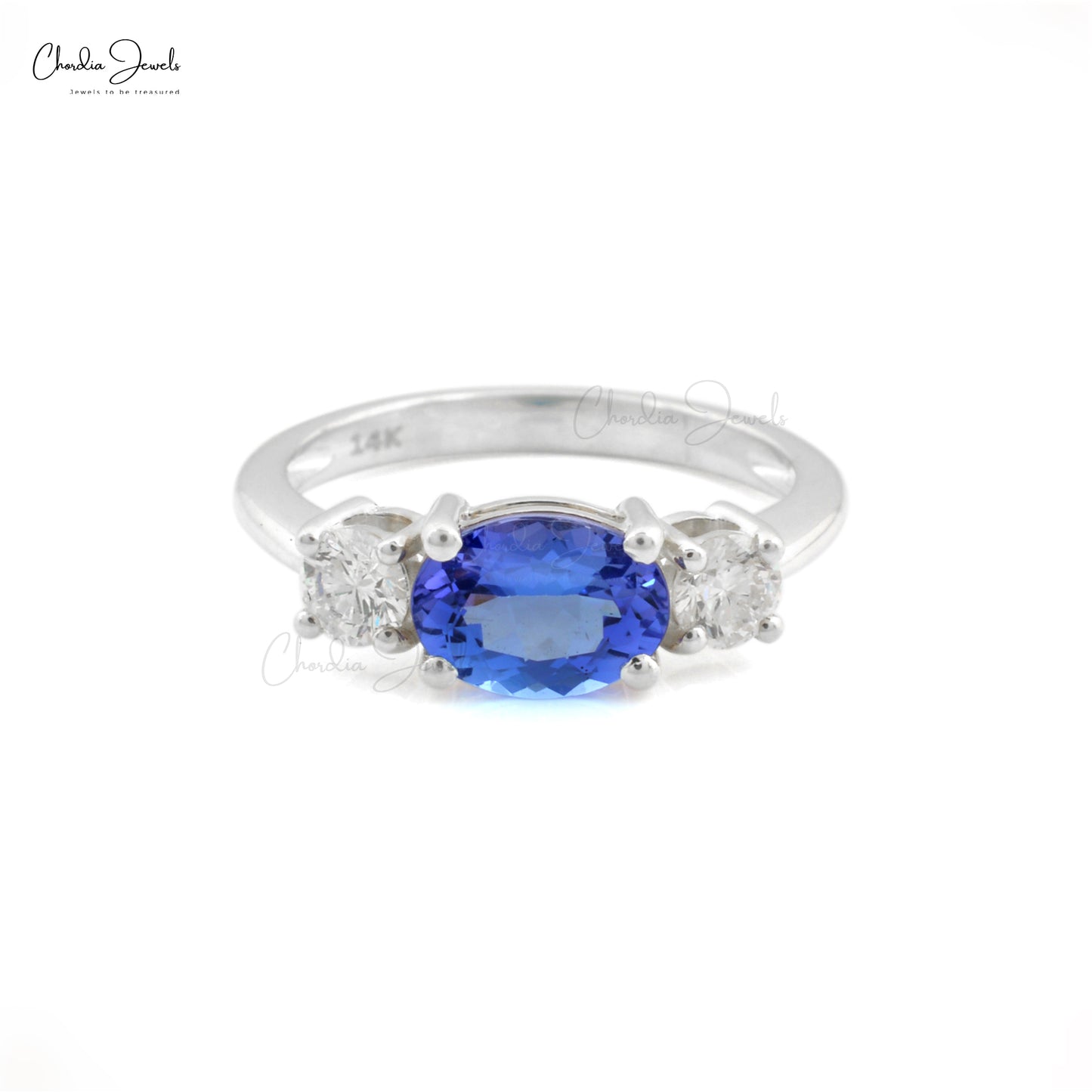 Three Stone Ring In 14k White Gold Natural Diamond Accented Dainty Tanzanite Ring For Her