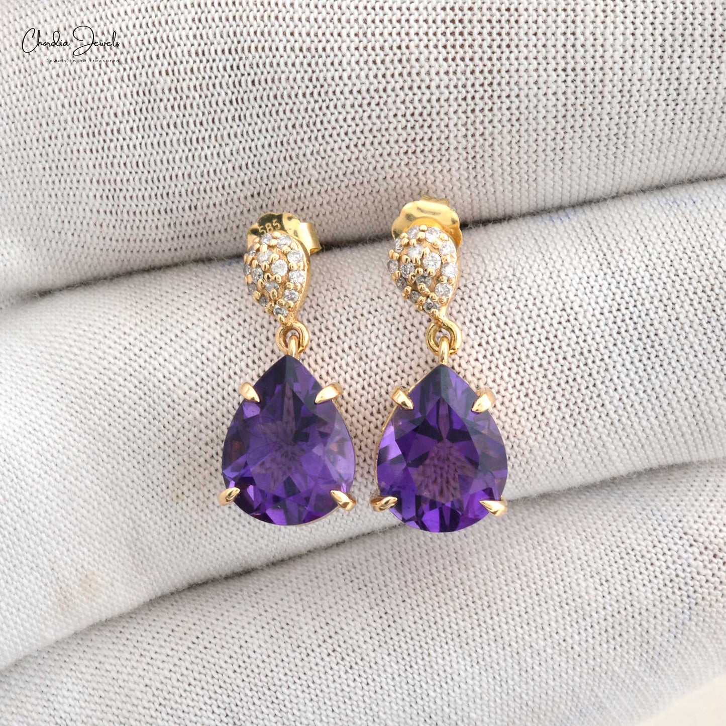 Natural Pear Amethyst Gemstone Dangle Earrings Solid 14k Yellow Gold Diamond Dainty Earring