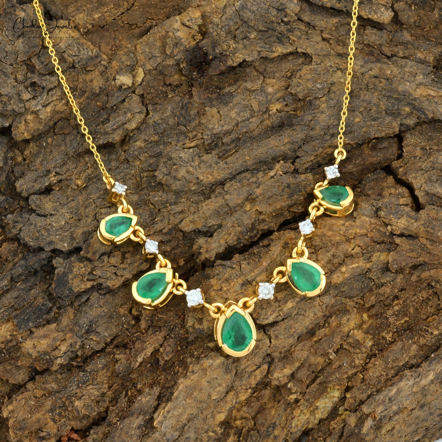 Pear Cut 1.74 Ct Natural Green Emerald Statement Necklace, April Birthstone White Diamond Necklace For Women, 14k Solid Yellow Gold Minimalist Wedding Jewelry