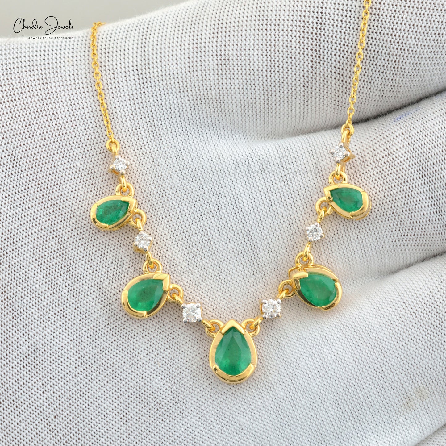 Pear Cut 1.74 Ct Natural Green Emerald Statement Necklace, April Birthstone White Diamond Necklace For Women, 14k Solid Yellow Gold Minimalist Wedding Jewelry