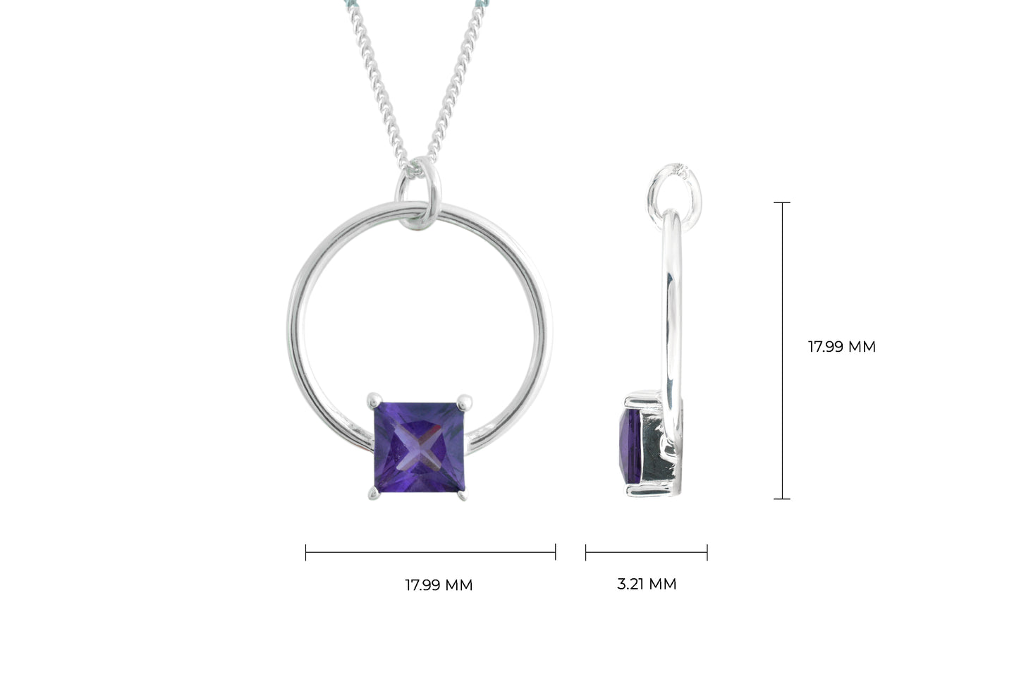 High Quality Amethyst Square Cut Charm Necklace in 925 Sterling SIlver Jewelry