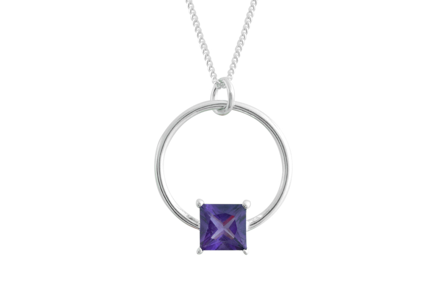 High Quality Amethyst Square Cut Charm Necklace in 925 Sterling SIlver Jewelry