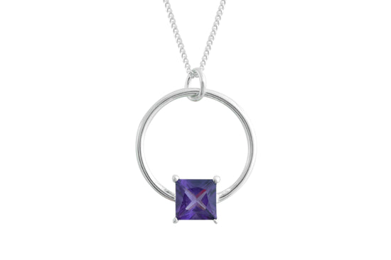 High Quality Amethyst Square Cut Charm Necklace in 925 Sterling SIlver Jewelry