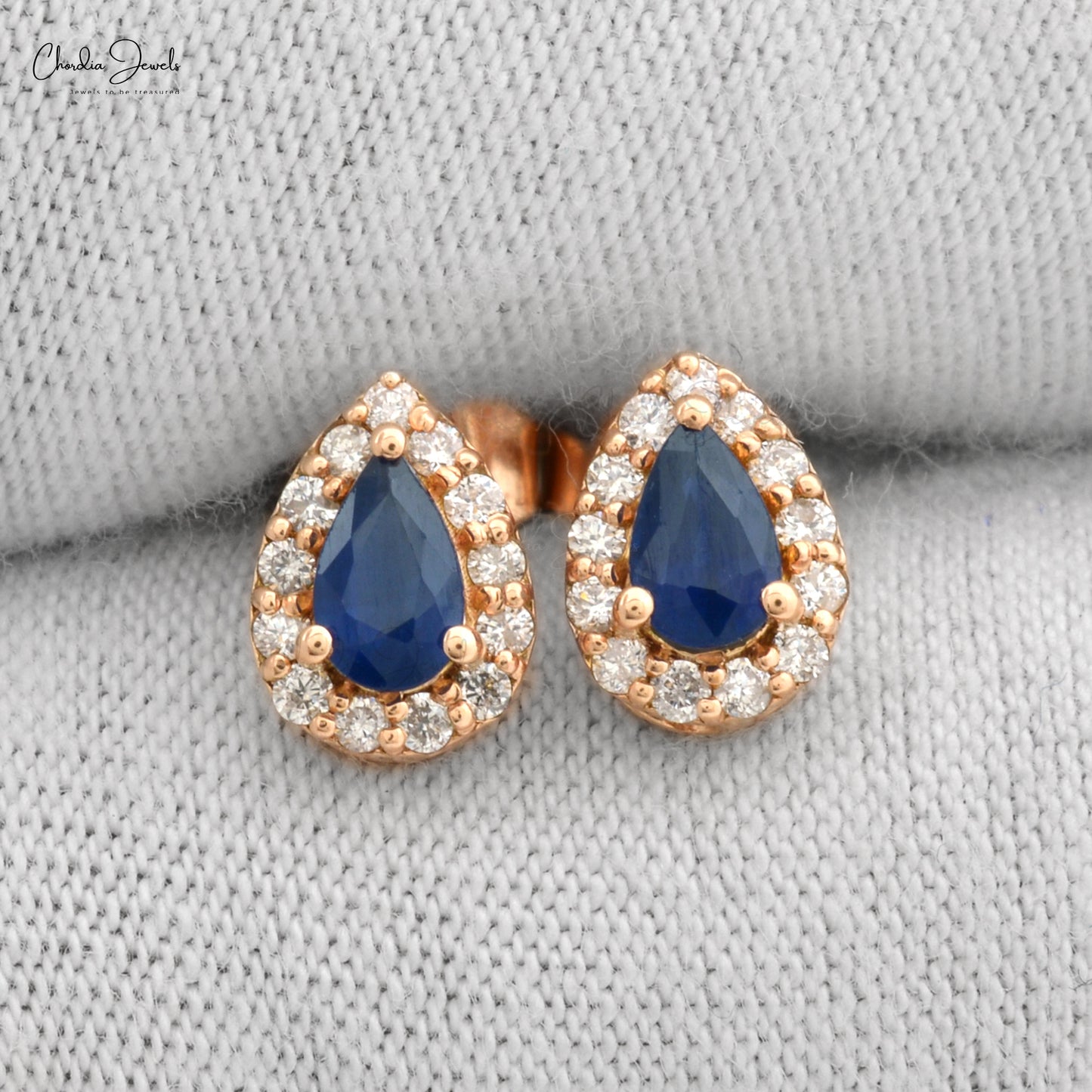 Natural Blue Sapphire Diamond Halo Studs Earrings 6x4mm Pear Cut Gemstone Earrings 14k Solid Gold Prong Set Earrings For Her