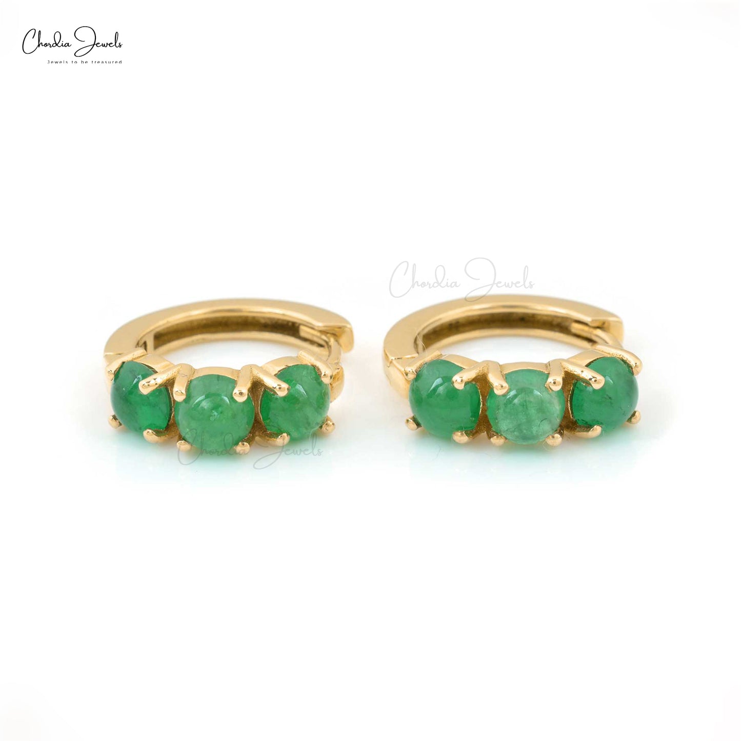 Load image into Gallery viewer, Natural Emerald Huggie Hoops Earring 4mm Round Cabochon Latch Back Earrings 14k Real Yellow Gold Fine Jewelry For Her
