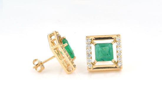 Square Emerald Halo Studs In 18k Yellow Gold Diamond Push Back Certified Earrings For Her