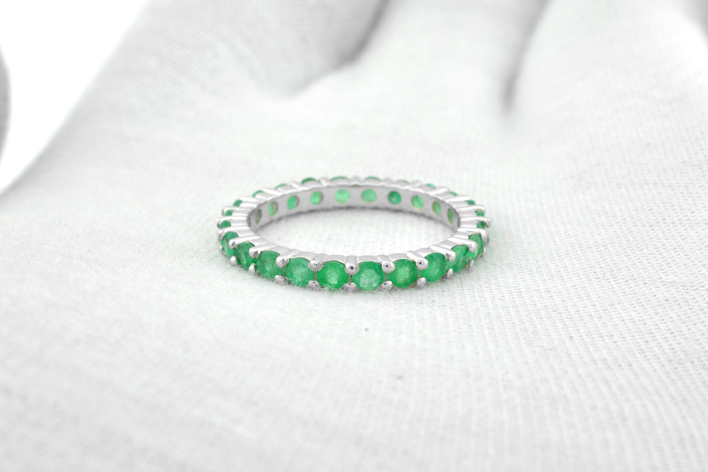 14k Solid White Gold 2.5mm Zambian Emerald Eternity Wedding Band Ring