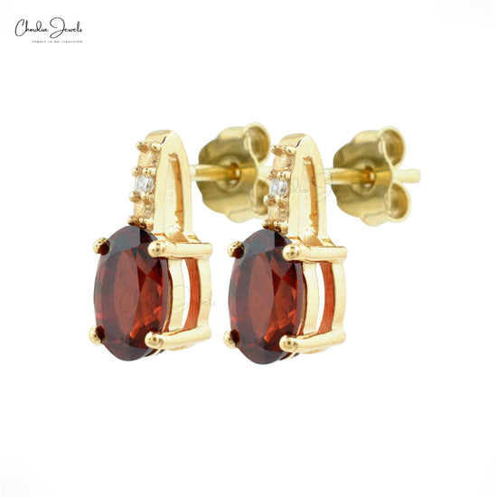 Natural Garnet Earrings 14k Solid Yellow Gold Diamond Earrings 6x4mm Oval Cut Gemstone Earrings For January Birthstone