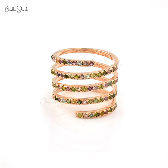 Stunning Spiral Ring With Genuine Multi-Tourmaline Hallmarked 14k Rose Gold Wedding Ring