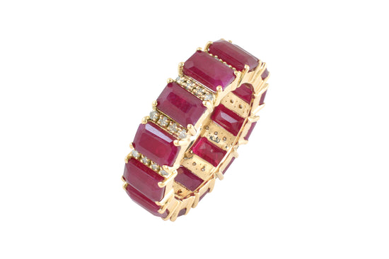 Natural Ruby Full Eternity Band Ring In 14k Real Yellow Gold Diamond Handmade Fine Jewelry