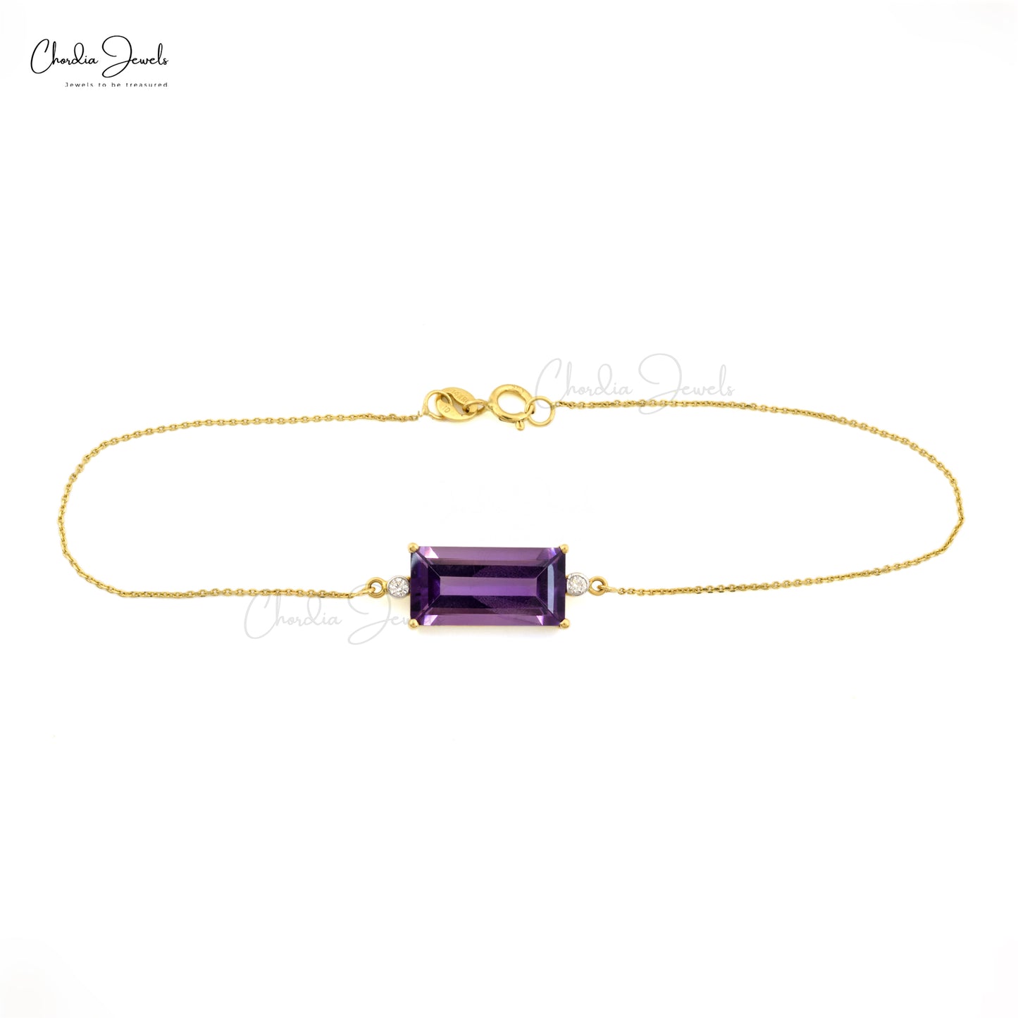 Genuine Amethyst and Diamond Accented Bracelet 14k Solid Yellow Gold Chain Bracelet For Women