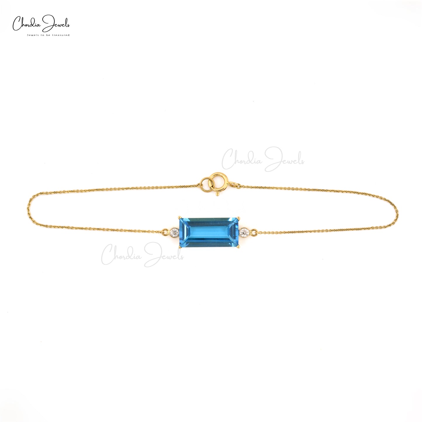 Natural Swiss Blue Topaz Diamond Accented Bracelet 14k Solid Yellow Gold Bracelet Baguette Cut Bracelet For women's