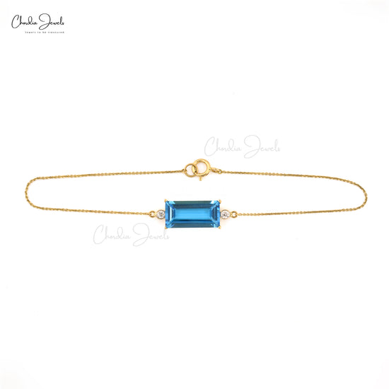 Natural Swiss Blue Topaz Diamond Accented Bracelet 14k Solid Yellow Gold Bracelet Baguette Cut Bracelet For women's