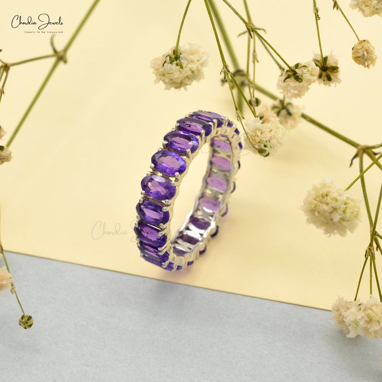 Gemstone Women Band With 5x3mm Amethyst 14k Real White Gold Full Eternity Ring Size US7