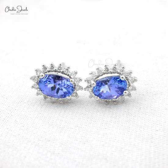 Oval-Cut 1.08ct Tanzanite Earrings with Diamond Halo in 14k Solid White Gold Charm Jewelry