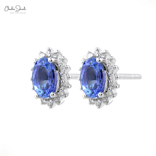 Oval-Cut 1.08ct Tanzanite Earrings with Diamond Halo in 14k Solid White Gold Charm Jewelry