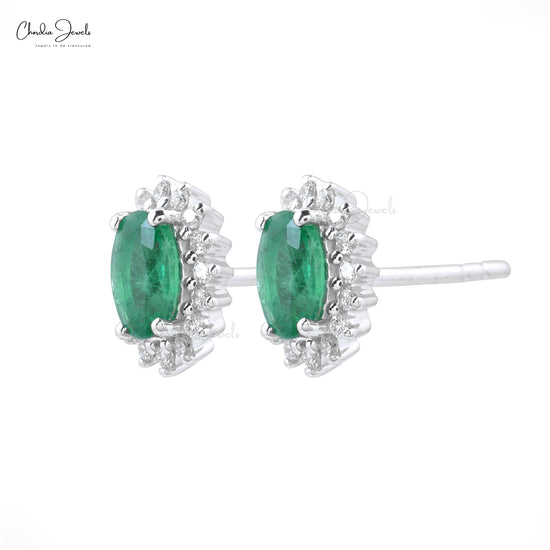 Natural Emerald Minimal Halo Earrings 14k Real White Gold Diamond Earrings 6x4mm Oval Cut Gemstone Vintage Jewelry For Women's