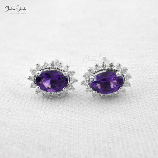 Real 14k White Gold Diamond Halo Earrings For Women, 0.88 Ct 4-Prong Set Natural Amethyst Earrings, 6x4mm Oval Cut February Birthstone Fine Jewelry