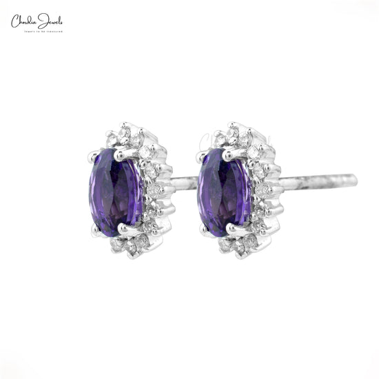 Real 14k White Gold Diamond Halo Earrings For Women, 0.88 Ct 4-Prong Set Natural Amethyst Earrings, 6x4mm Oval Cut February Birthstone Fine Jewelry